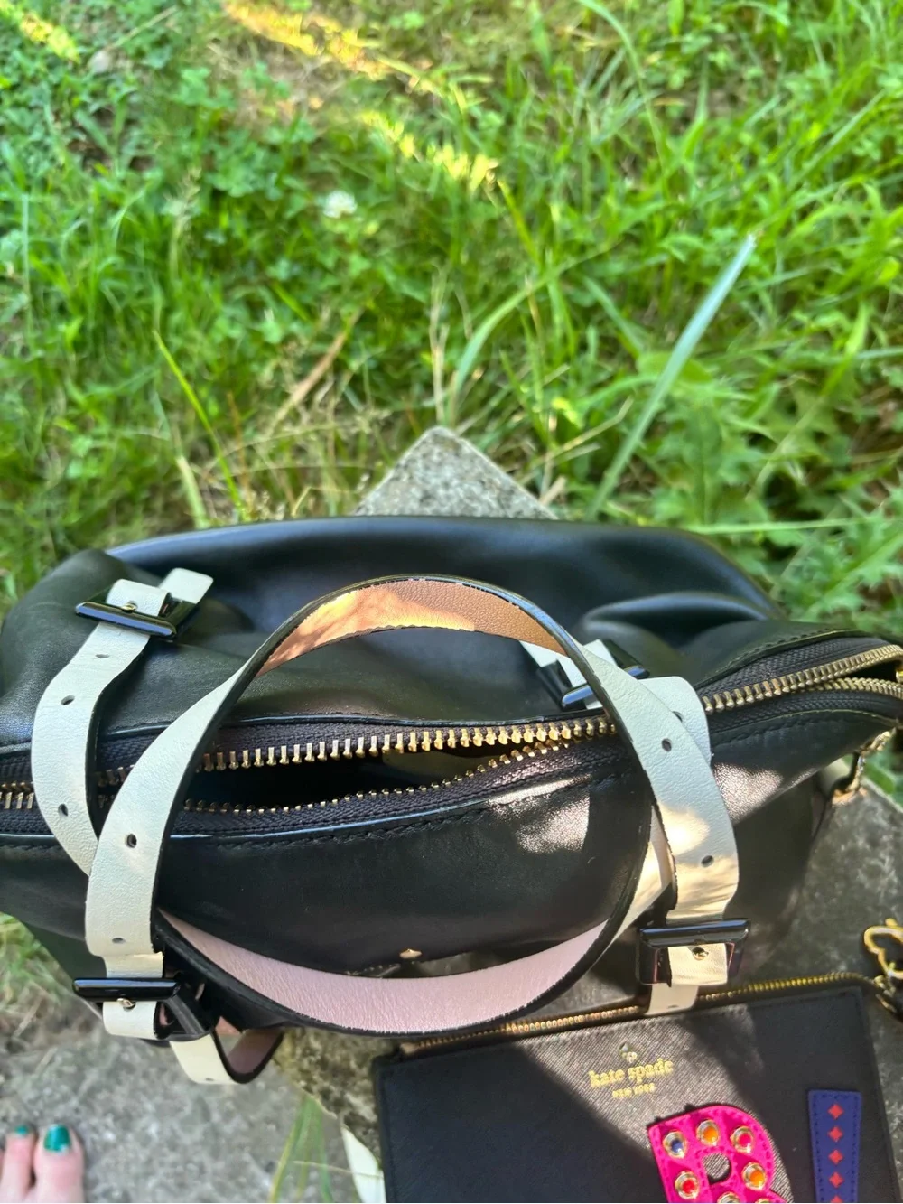 kate spade Black Leather Crossbody  bag with Wallet with Pink and Blue Accents.